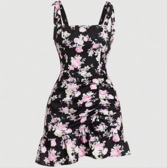 Black and Pink Floral Dress All Over Floral Print Ruched Dress - Picture 1 of 11